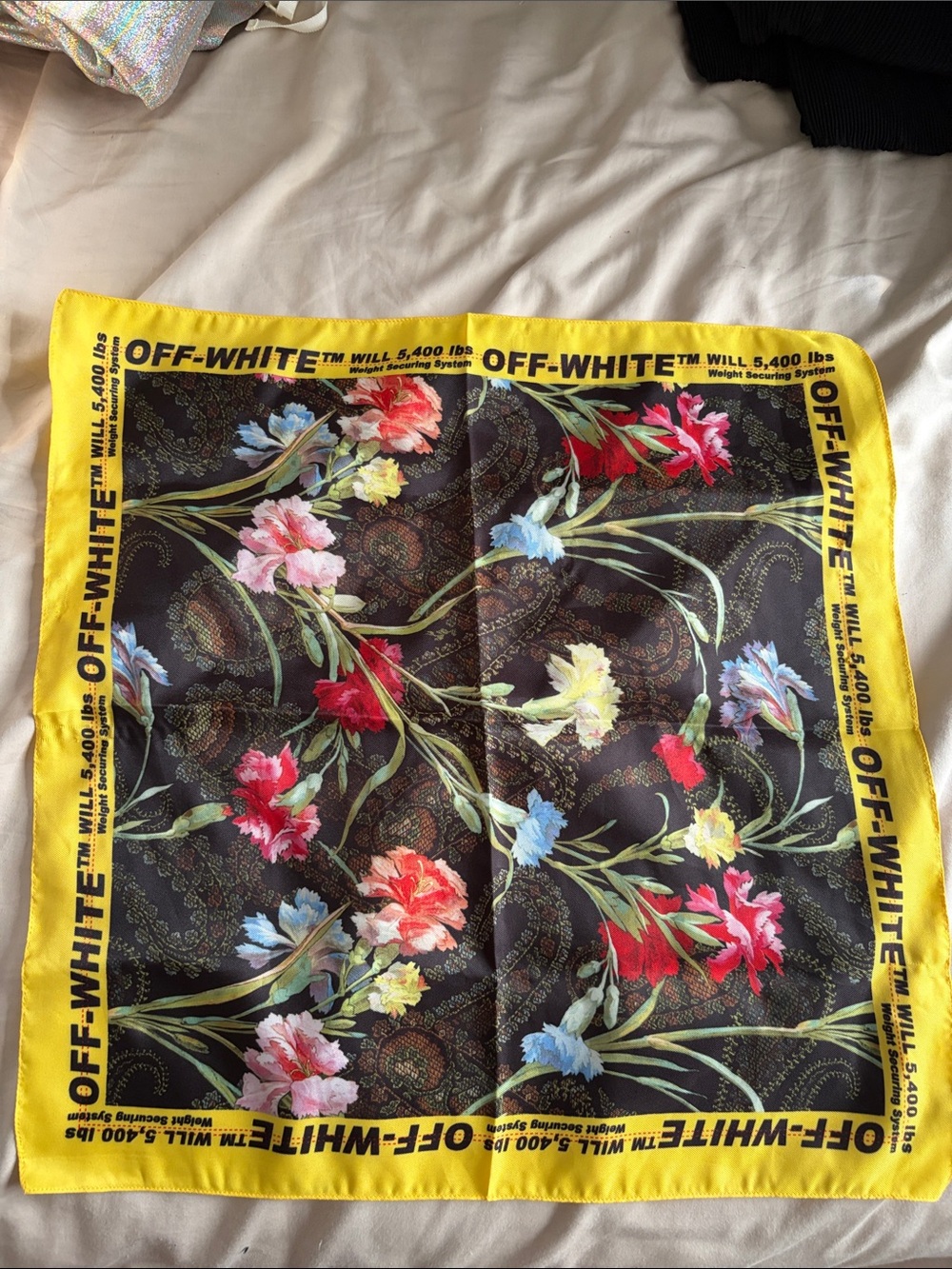 Off-White Black Floral Silk Scarf with Yellow Border